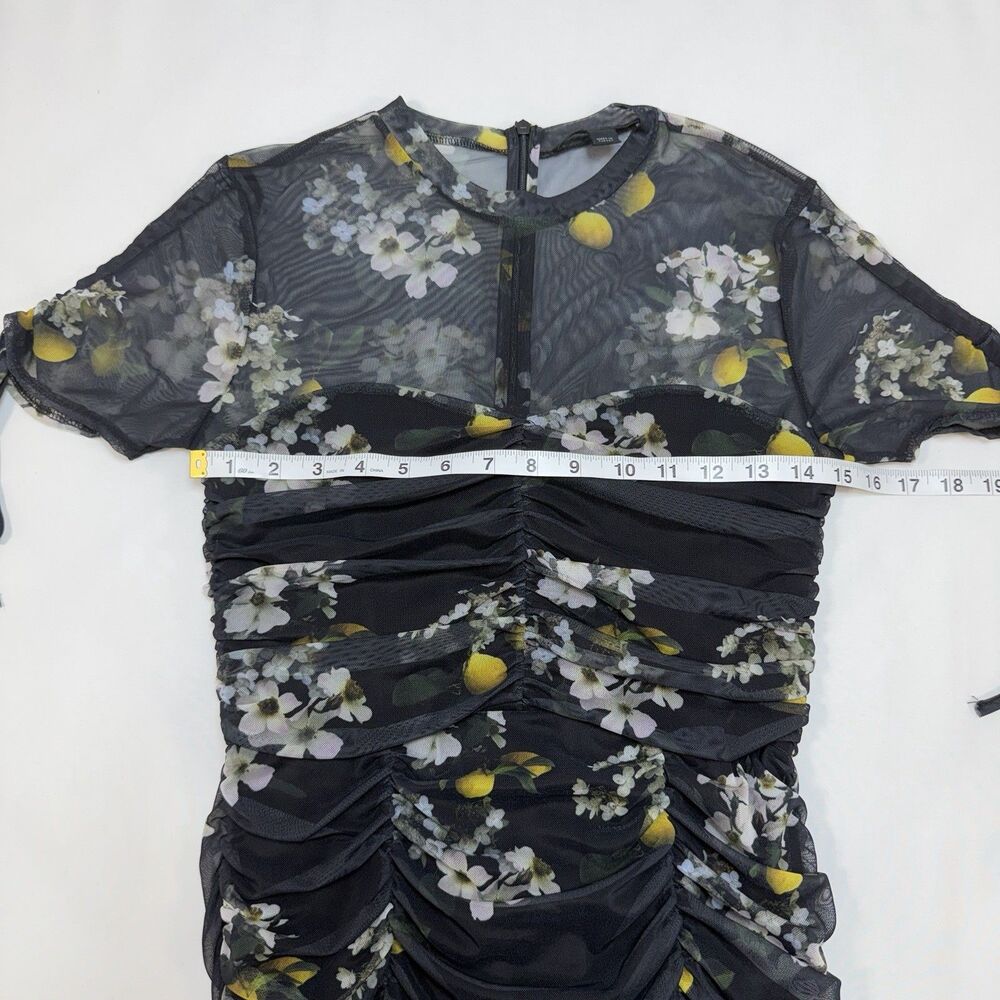 ALLSAINTS Giorgia Eugenia Mesh Ruched Mini Dress Sz 6 Black Floral Lemon Whimsy - Picture 7 of 10